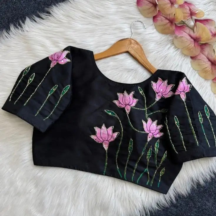 Silk Blouse with Lotus Print & Bugle Beadwork