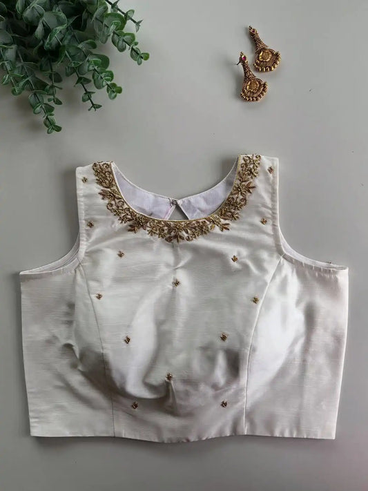 Galaxy Silk Blouse with Pretty Handwork - Sleeveless
