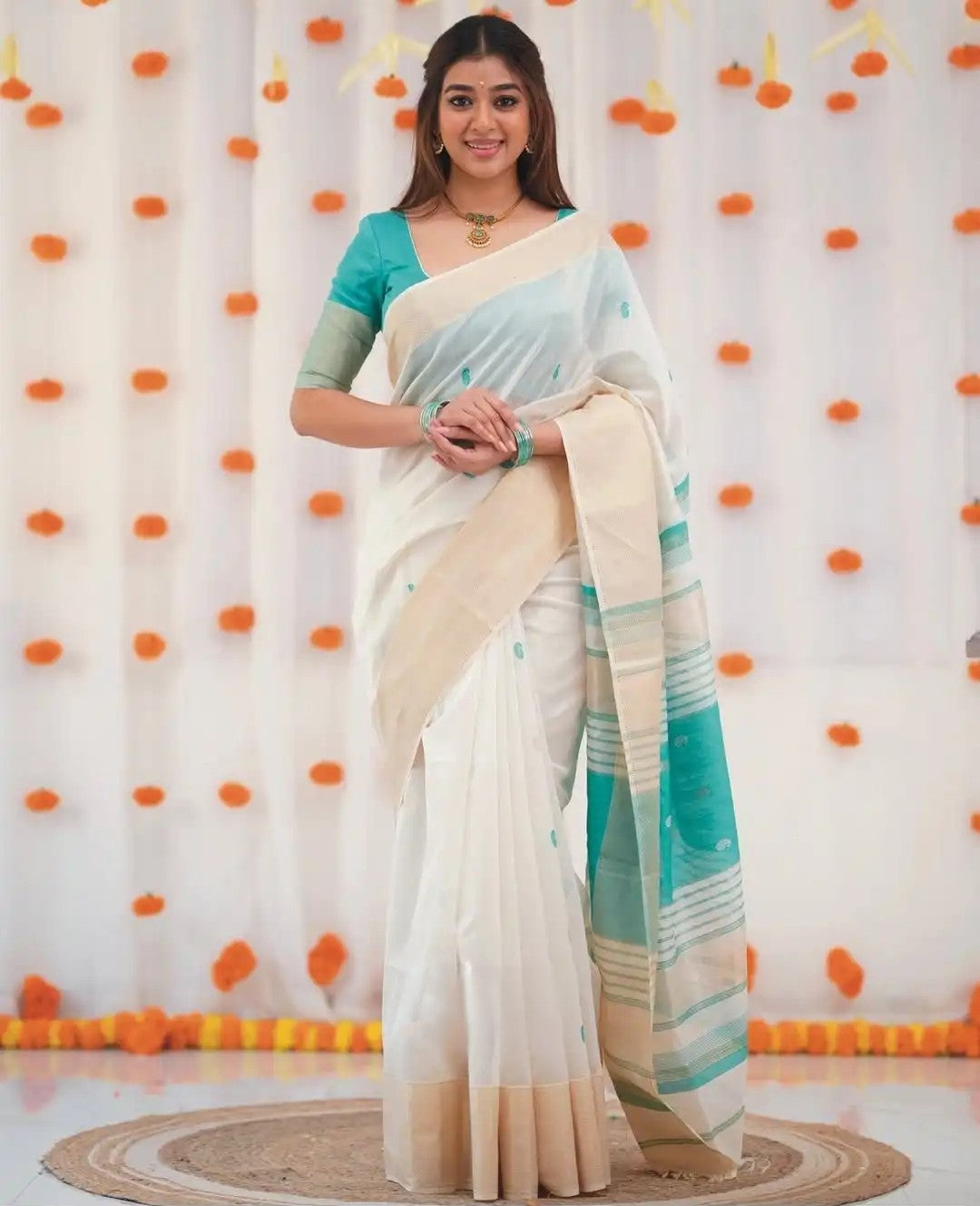 Cotton Blend Sarees in Soft Shades with Stitched Blouse