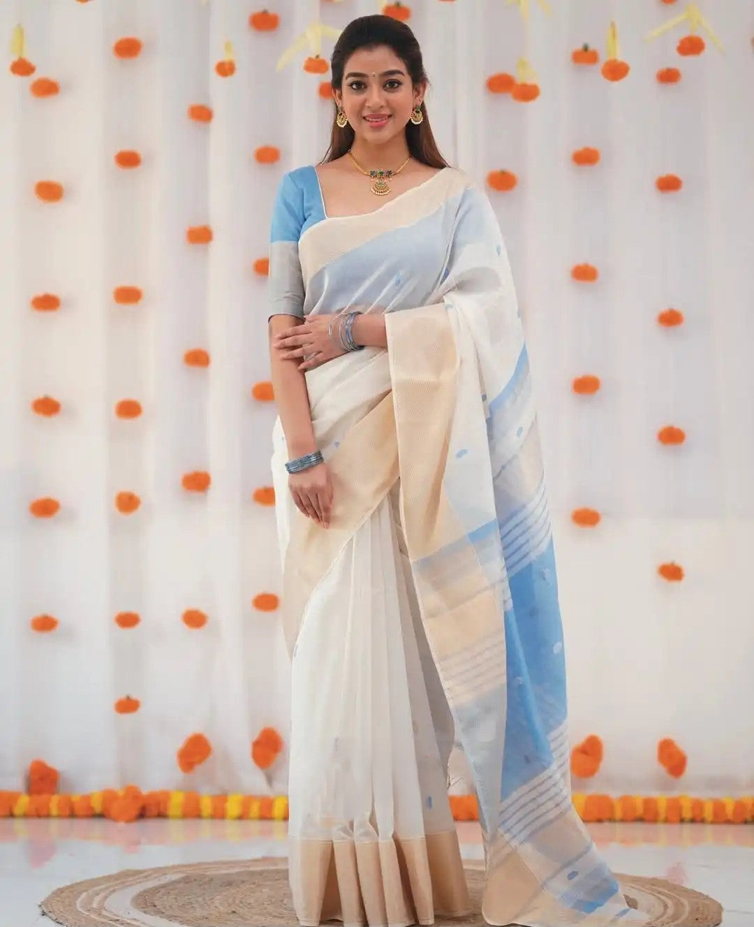 Cotton Blend Sarees in Soft Shades with Stitched Blouse