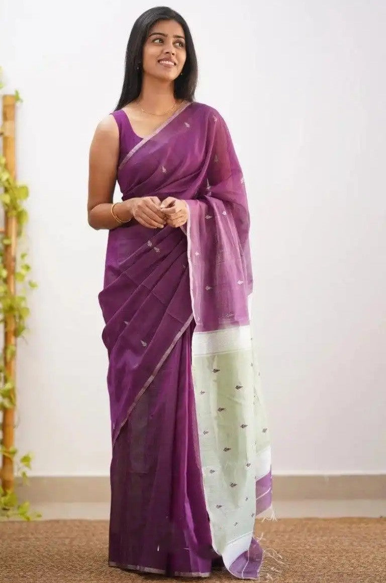 Borderless Cotton Blend Saree in Grape & Sage