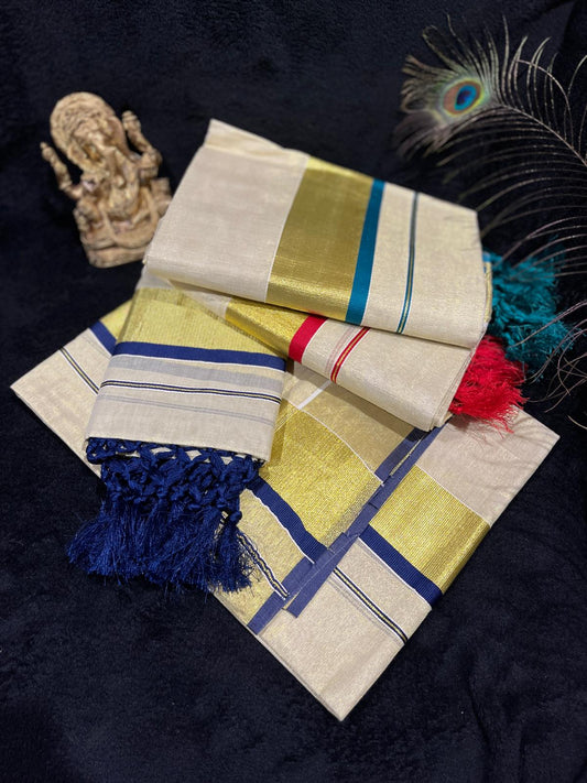Set Mundu - Gold & Colour Border with Tassels