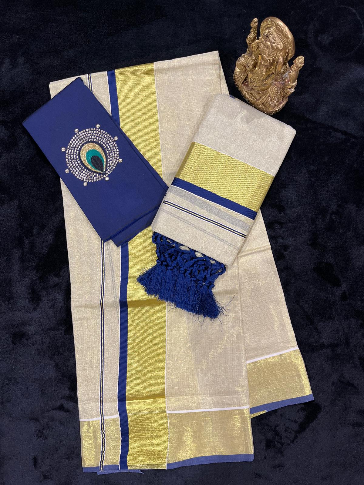 Set Mundu - Gold & Colour Border with Tassels