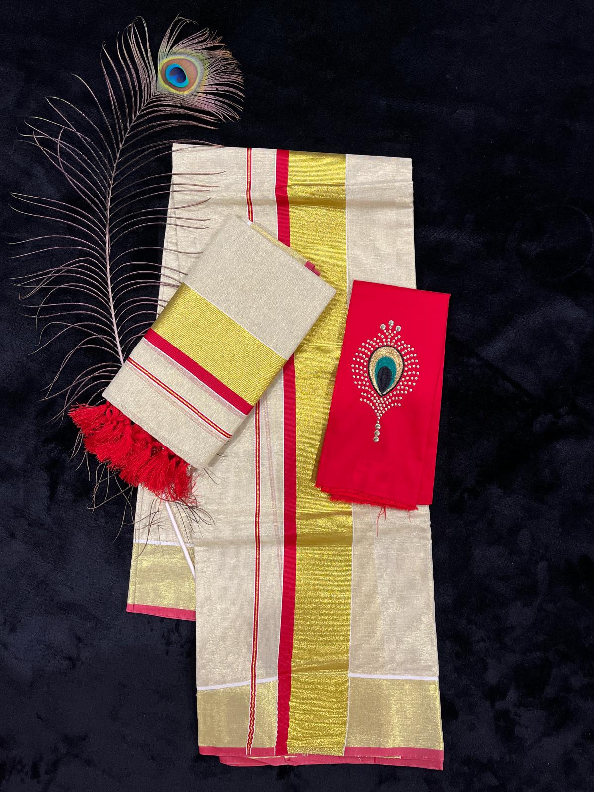 Set Mundu - Gold & Colour Border with Tassels