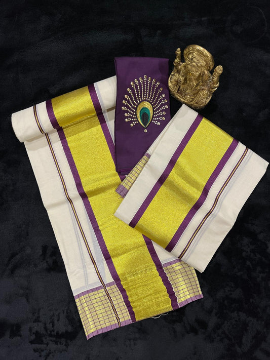 Set Mundu - Gold Kasavu with Plum Border