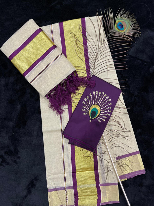 Set Mundu - Gold & Plum Border with Tassels
