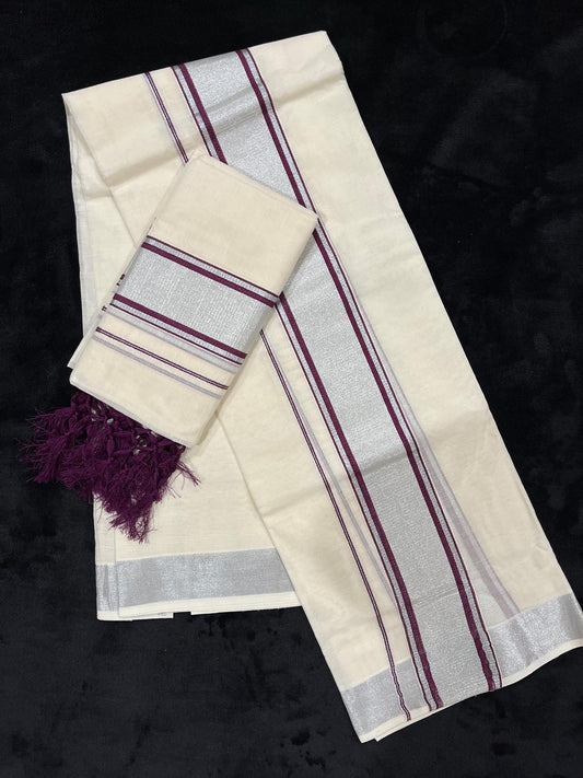 Set Mundu - Silver & Plum Border with Tassels