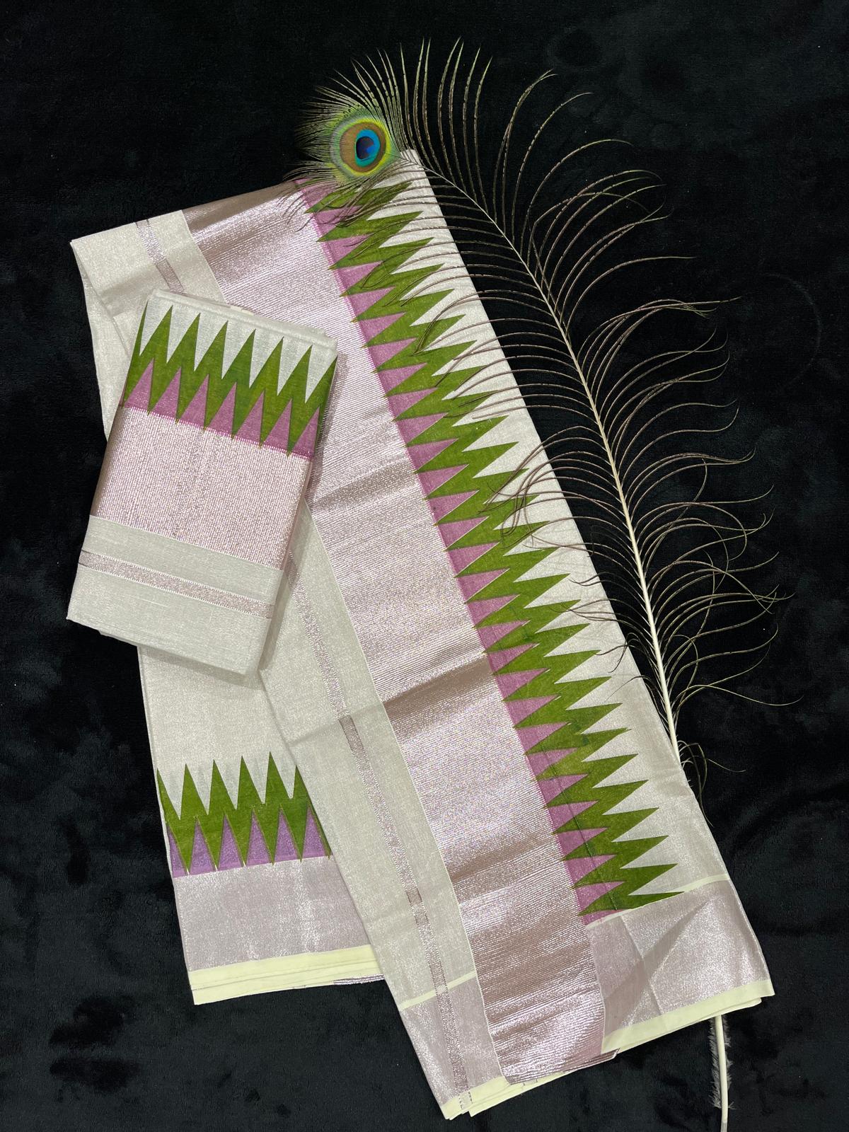 Set Mundu - Rose & Colour Temple Border