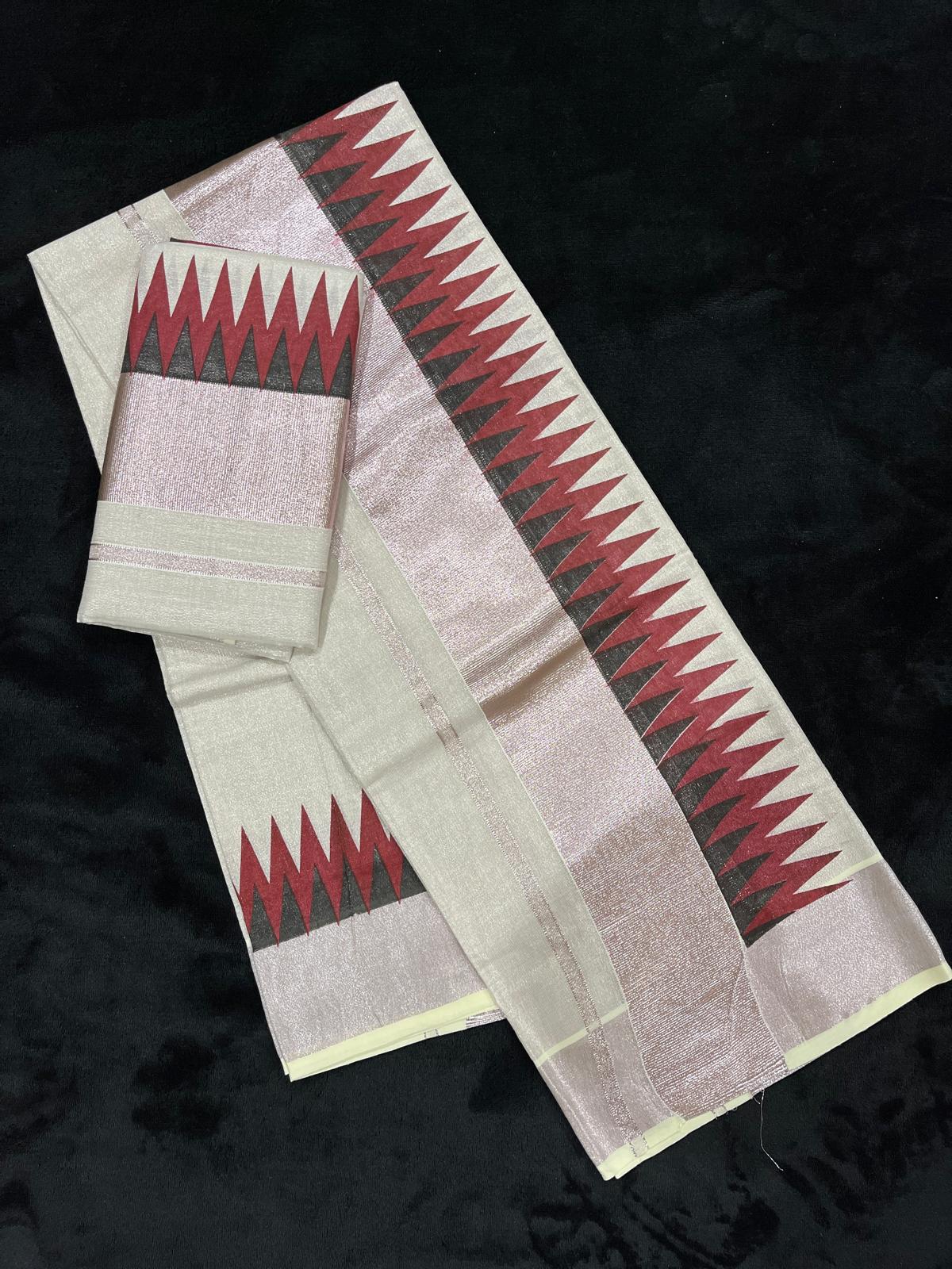 Set Mundu - Rose & Colour Temple Border