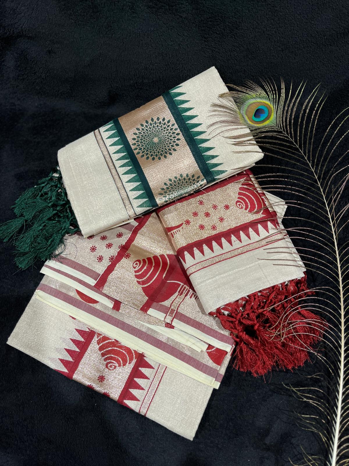 Set Mundu - Orange & Colour Design Border with Tassels