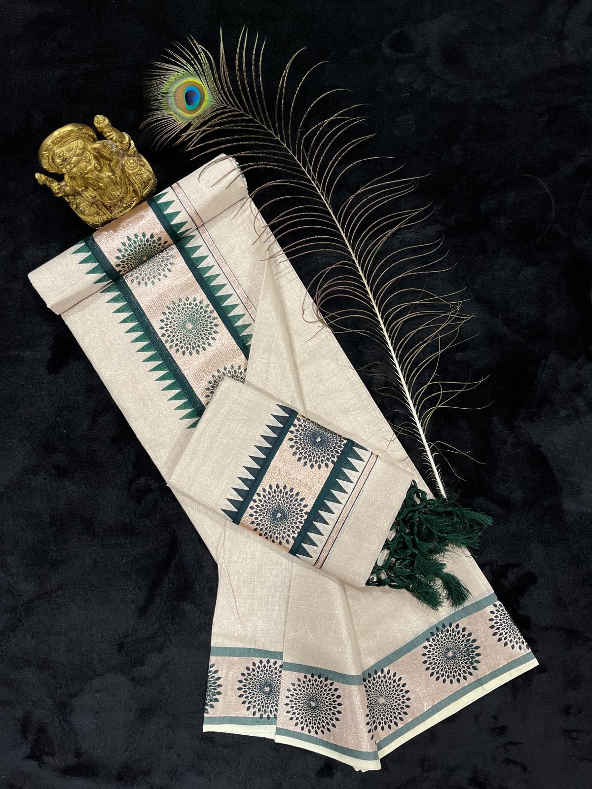 Set Mundu - Orange & Colour Design Border with Tassels