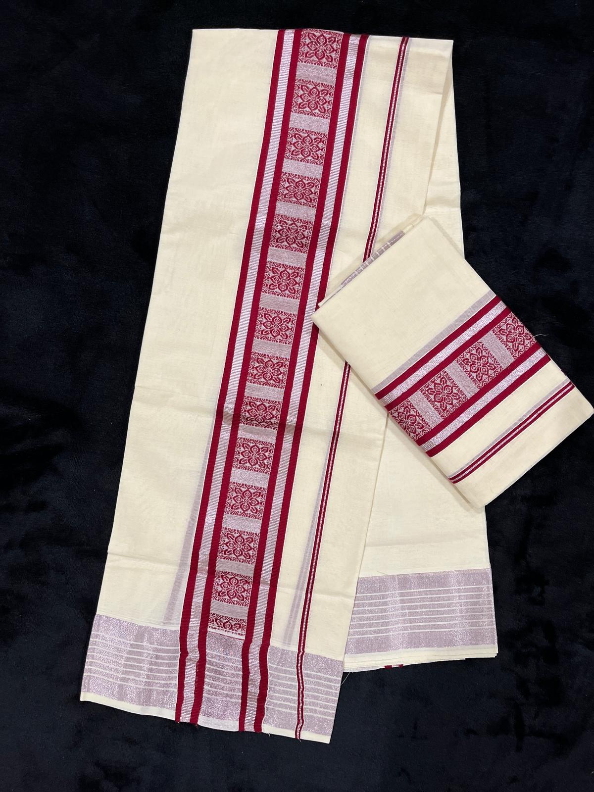 Set Mundu - Rose Kasavu with Maroon Border