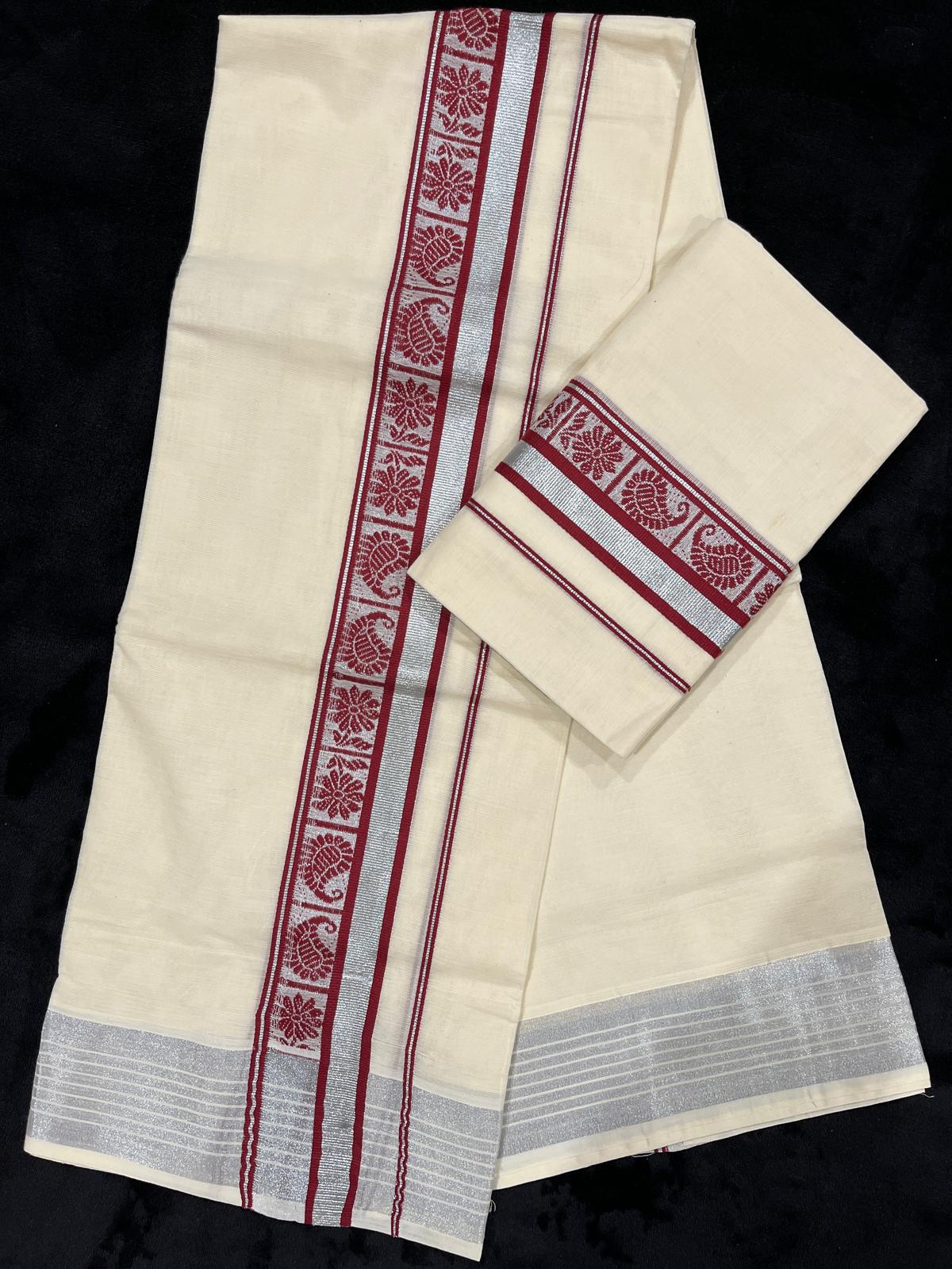 Set Mundu - Silver Kasavu with Maroon Border