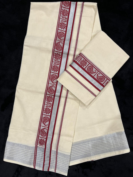 Set Mundu - Silver Kasavu with Maroon Border