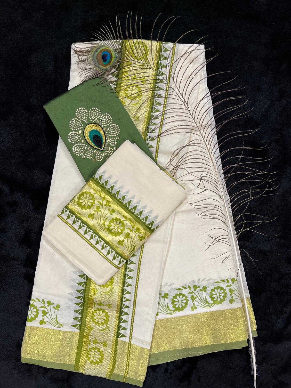 Set Mundu - Gold Kasavu with Olive Green Border