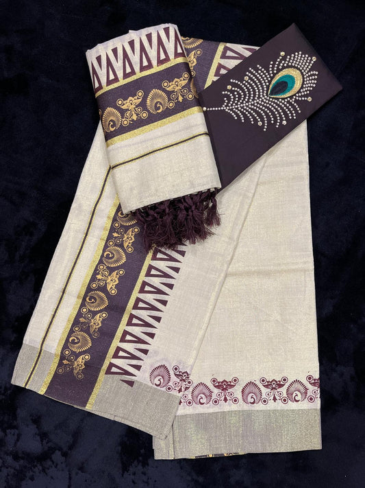Set Mundu - Gold & Coffee Brown Border with Tassels