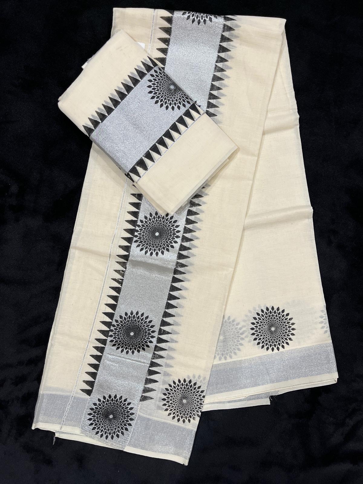 Set Mundu - Silver Kasavu with Black Border