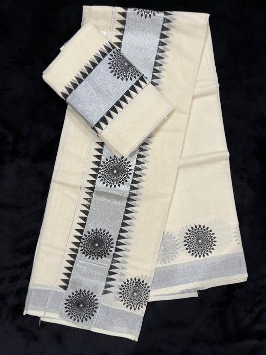 Set Mundu - Silver Kasavu with Black Border