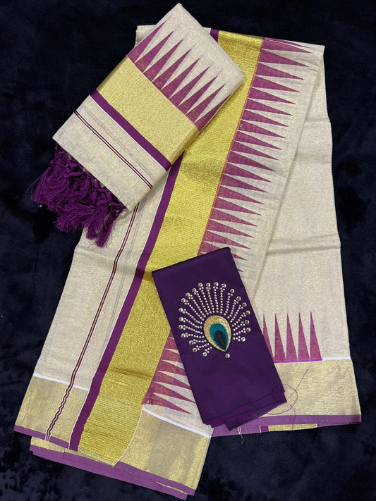 Set Mundu - Gold & Plum Border with Tassels