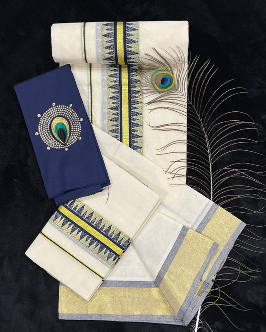 Set Mundu - Gold & Blue Border