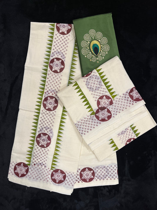 Set Mundu - Brown & Green Border