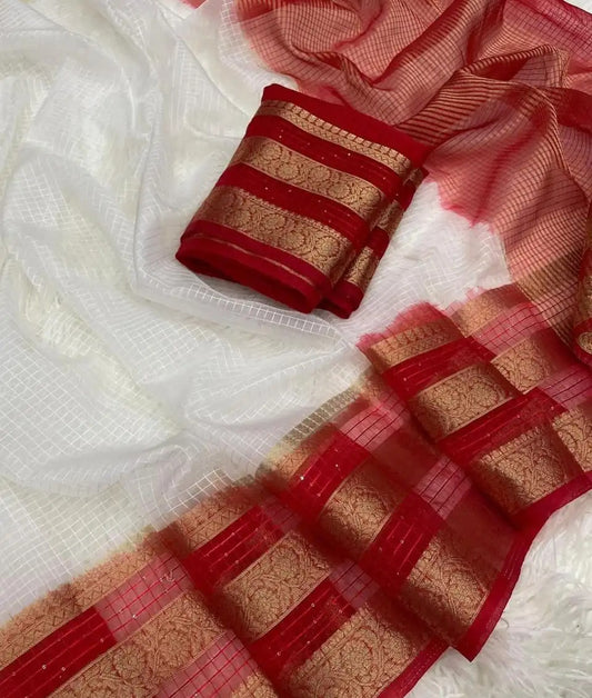 Pure Organza Saree in White & Red