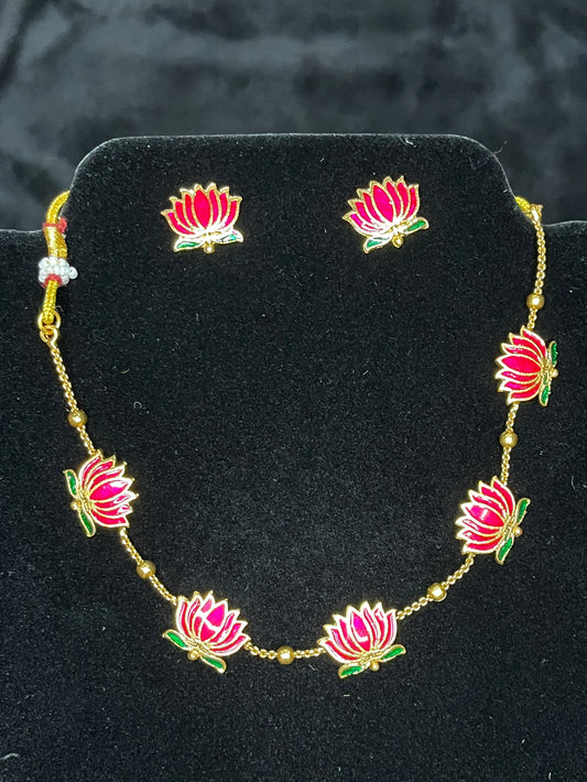 Pink & Green Lotus Necklace Set