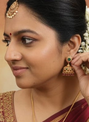 Palakka Jimikki - Green with Ruby Red Danglings