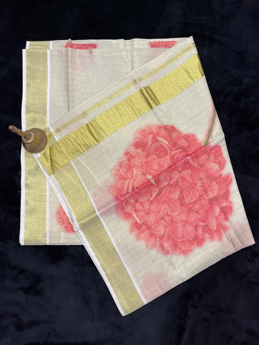 Saree - Gold Kasavu with Digital Flower Prints