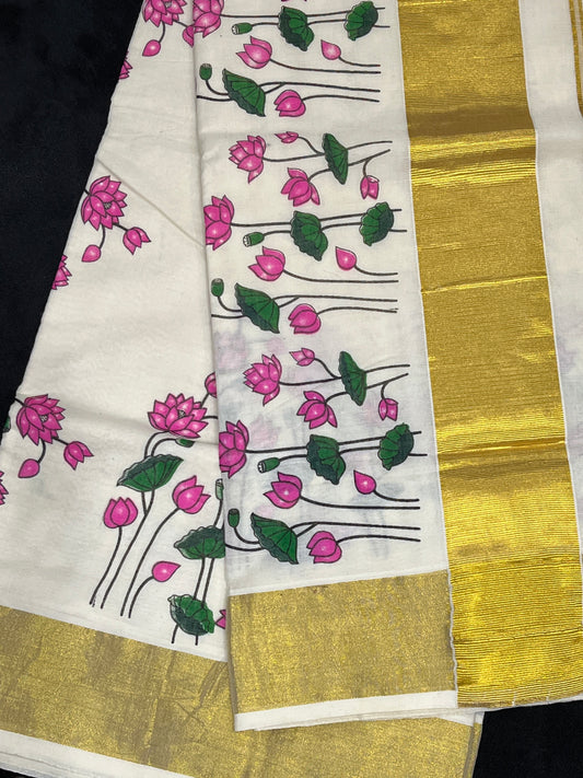 Cotton Saree with Pink Thamara Print