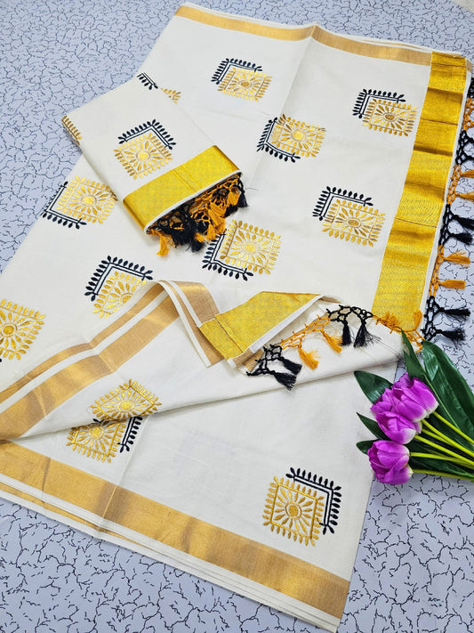 Cotton Saree - Gold Kasavu with Embroidery