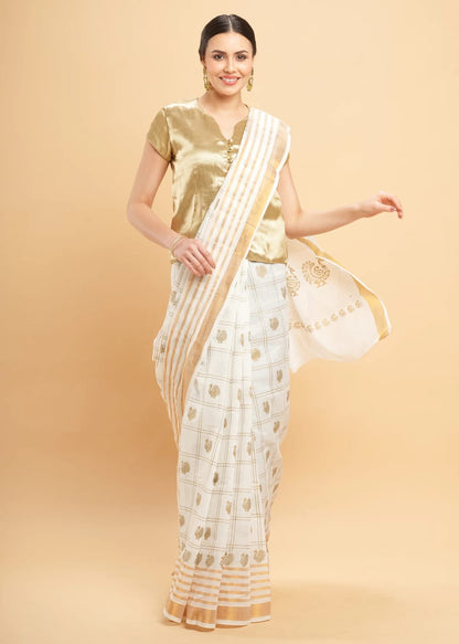 Cotton Saree - Gold Border with Printed Body