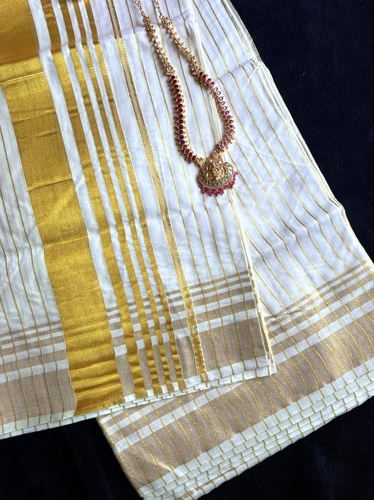Cotton Saree - Gold Kasavu Stripes