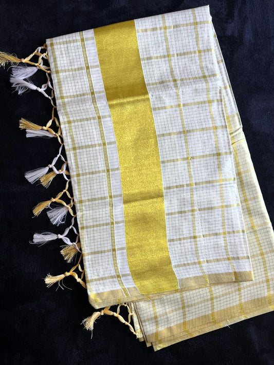 Cotton & Tissue Saree - Gold Check Pattern