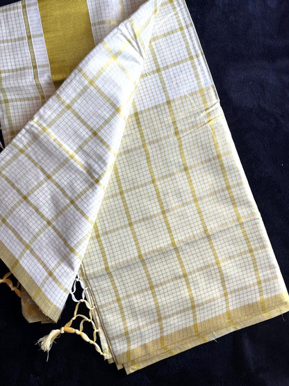 Cotton & Tissue Saree - Gold Check Pattern