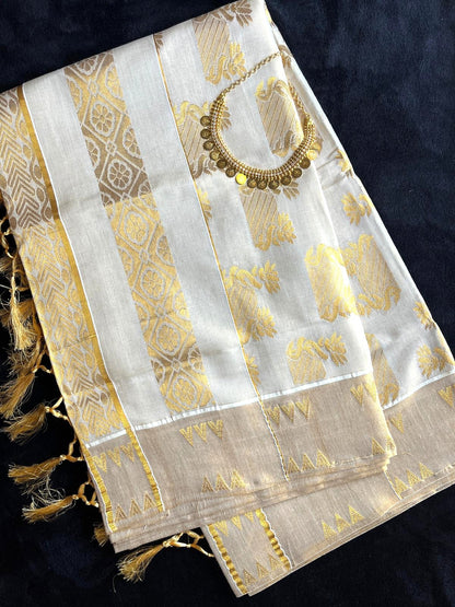 Tissue Saree - Gold Kasavu with Beautiful Motifs on Pallu & Body