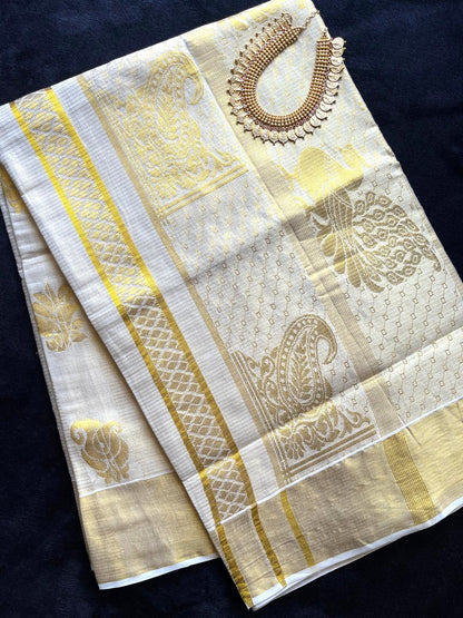 Tissue Saree - Gold Kasavu Stripes with Beautiful Motifs on Pallu & Body