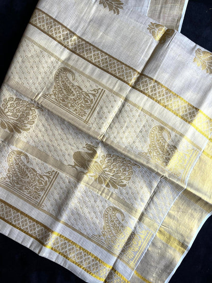Tissue Saree - Gold Kasavu Stripes with Beautiful Motifs on Pallu & Body