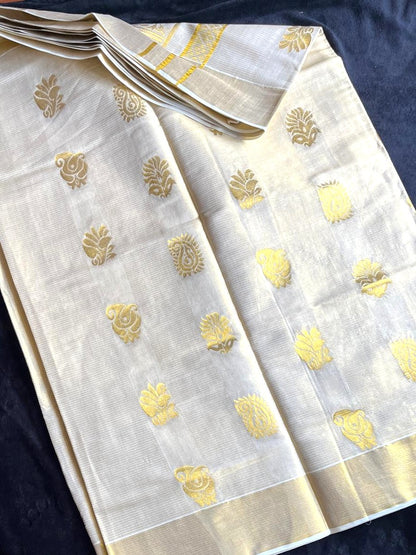 Tissue Saree - Gold Kasavu Stripes with Beautiful Motifs on Pallu & Body