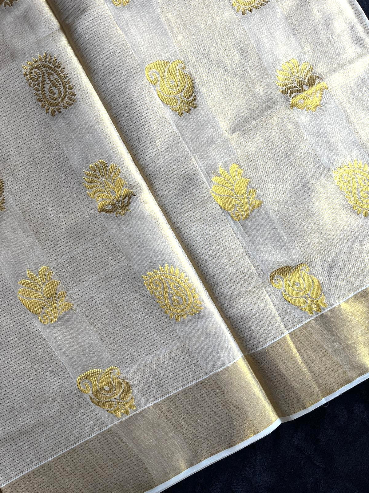 Tissue Saree - Gold Kasavu Stripes with Beautiful Motifs on Pallu & Body
