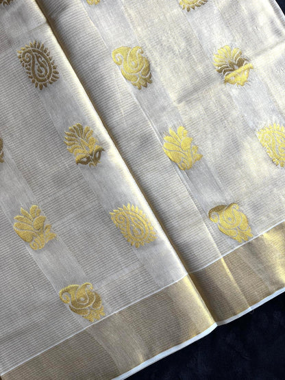 Tissue Saree - Gold Kasavu Stripes with Beautiful Motifs on Pallu & Body
