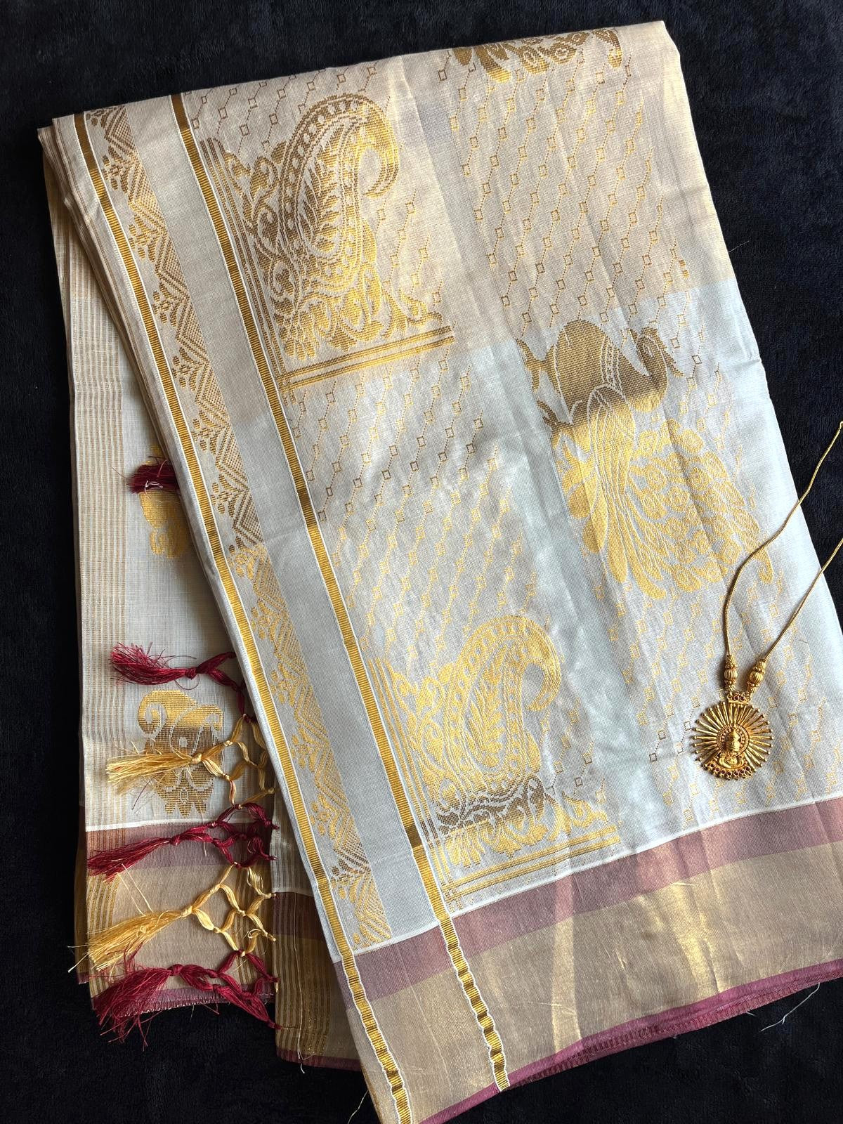 Tissue Saree - Stripes with Beautiful Motifs on Pallu & Body and a Gold & Maroon Border