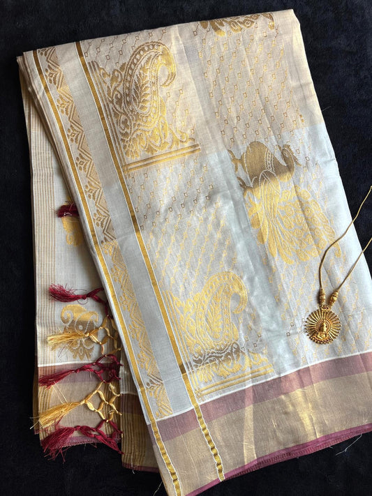 Tissue Saree - Stripes with Beautiful Motifs on Pallu & Body and a Gold & Maroon Border