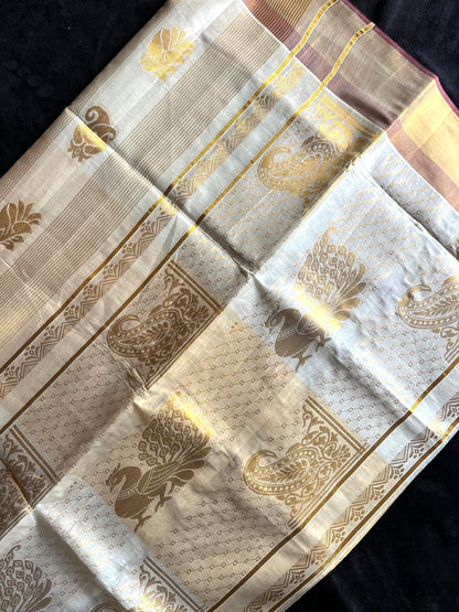 Tissue Saree - Stripes with Beautiful Motifs on Pallu & Body and a Gold & Maroon Border