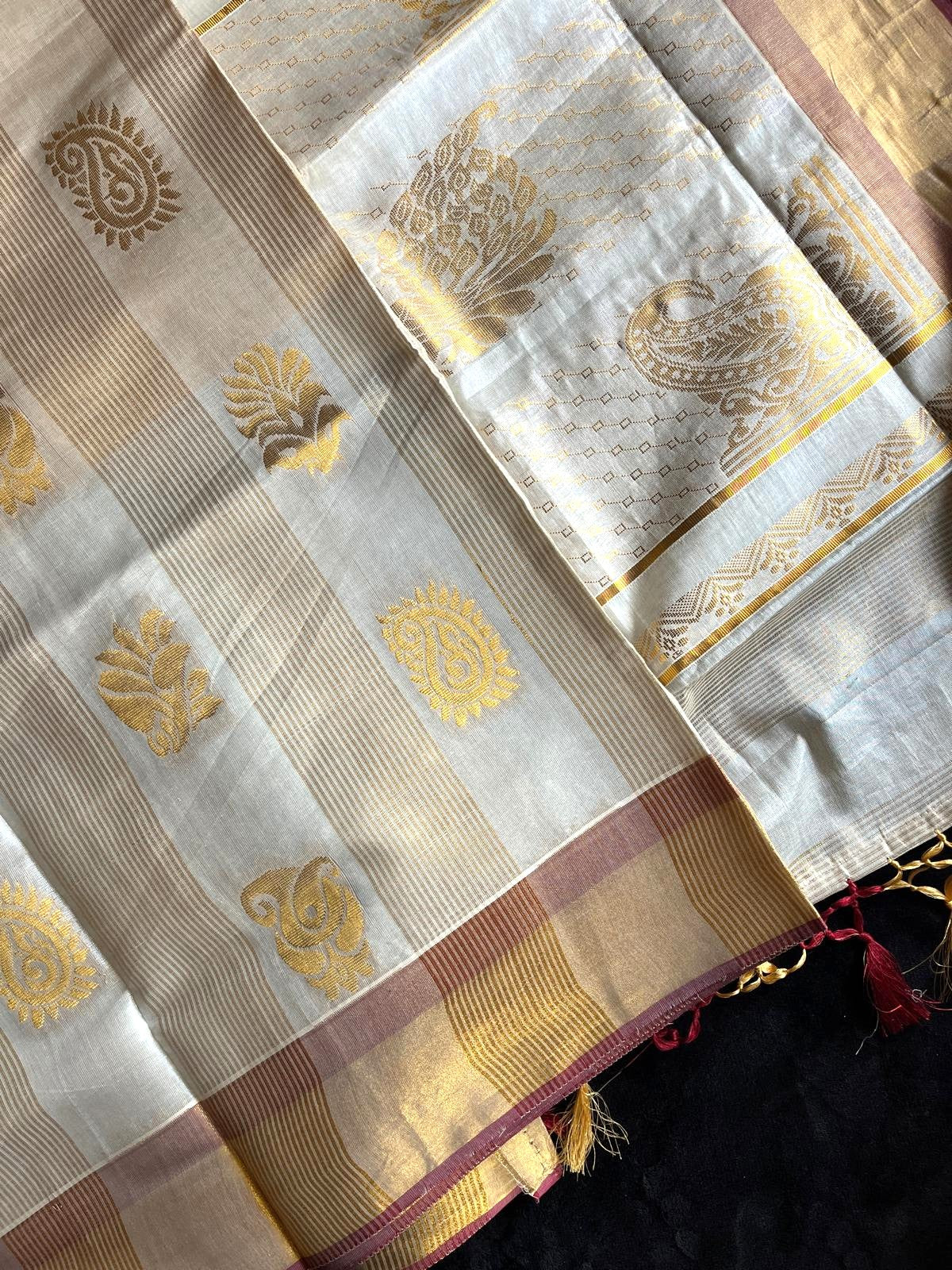 Tissue Saree - Stripes with Beautiful Motifs on Pallu & Body and a Gold & Maroon Border