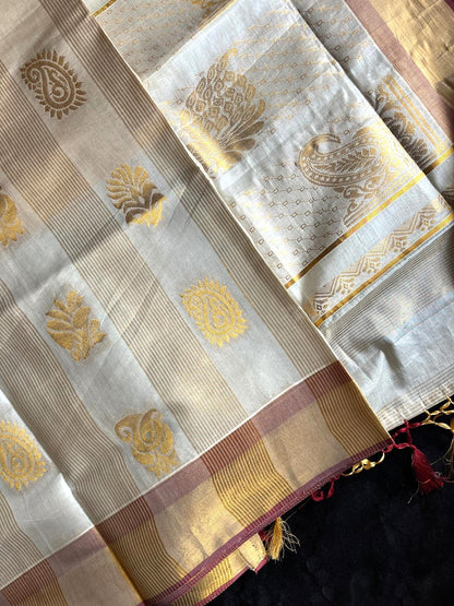 Tissue Saree - Stripes with Beautiful Motifs on Pallu & Body and a Gold & Maroon Border
