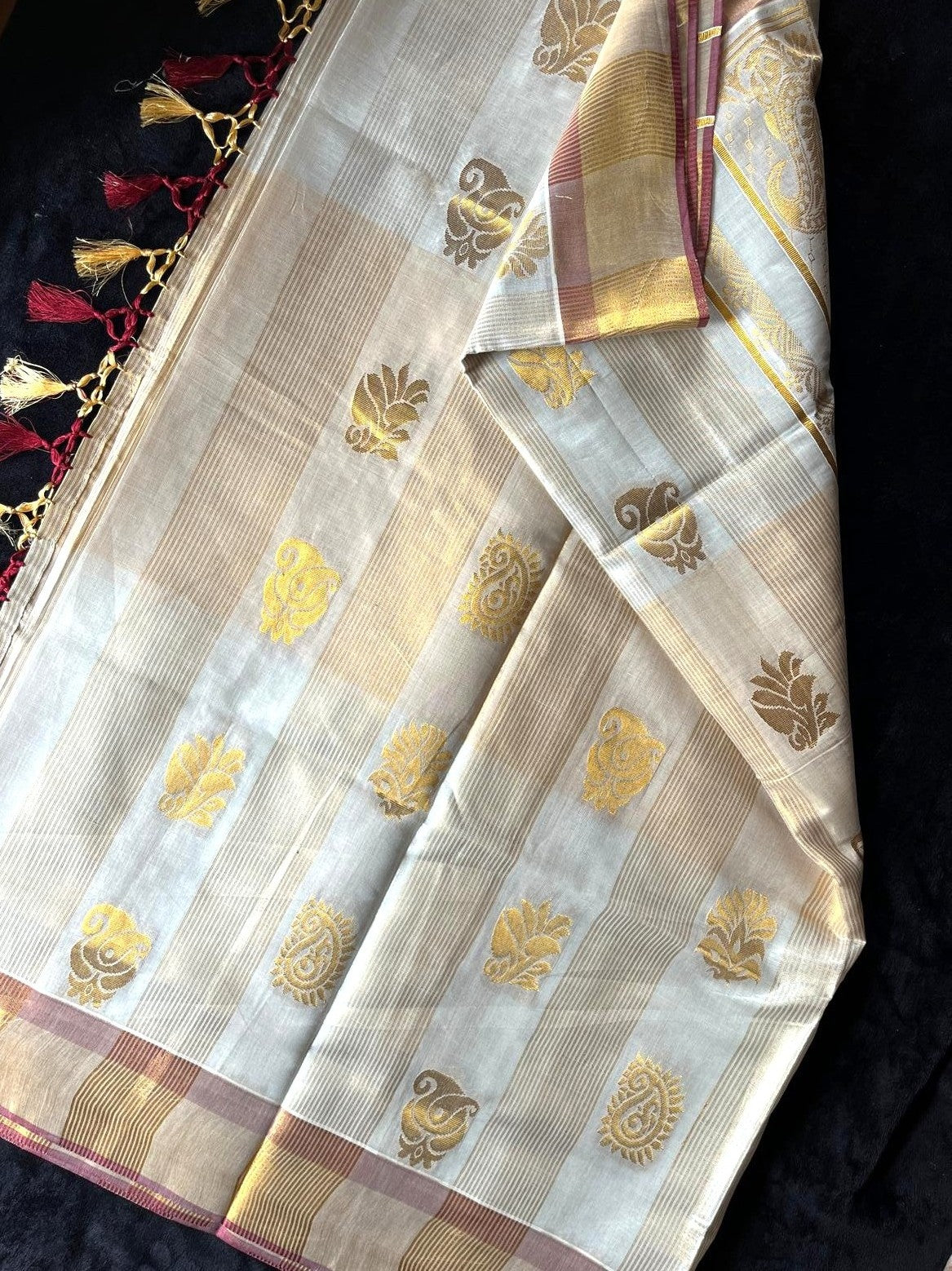 Tissue Saree - Stripes with Beautiful Motifs on Pallu & Body and a Gold & Maroon Border