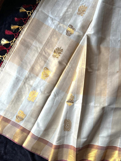 Tissue Saree - Stripes with Beautiful Motifs on Pallu & Body and a Gold & Maroon Border