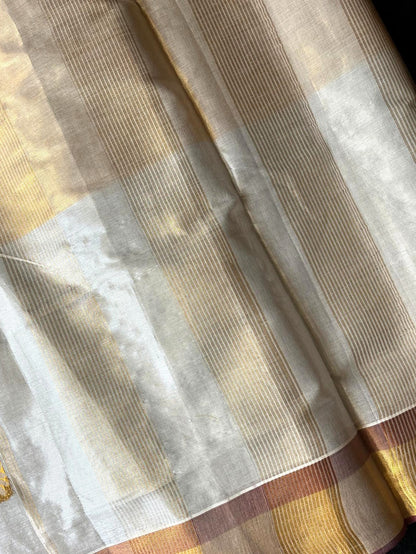 Tissue Saree - Stripes with Beautiful Motifs on Pallu & Body and a Gold & Maroon Border