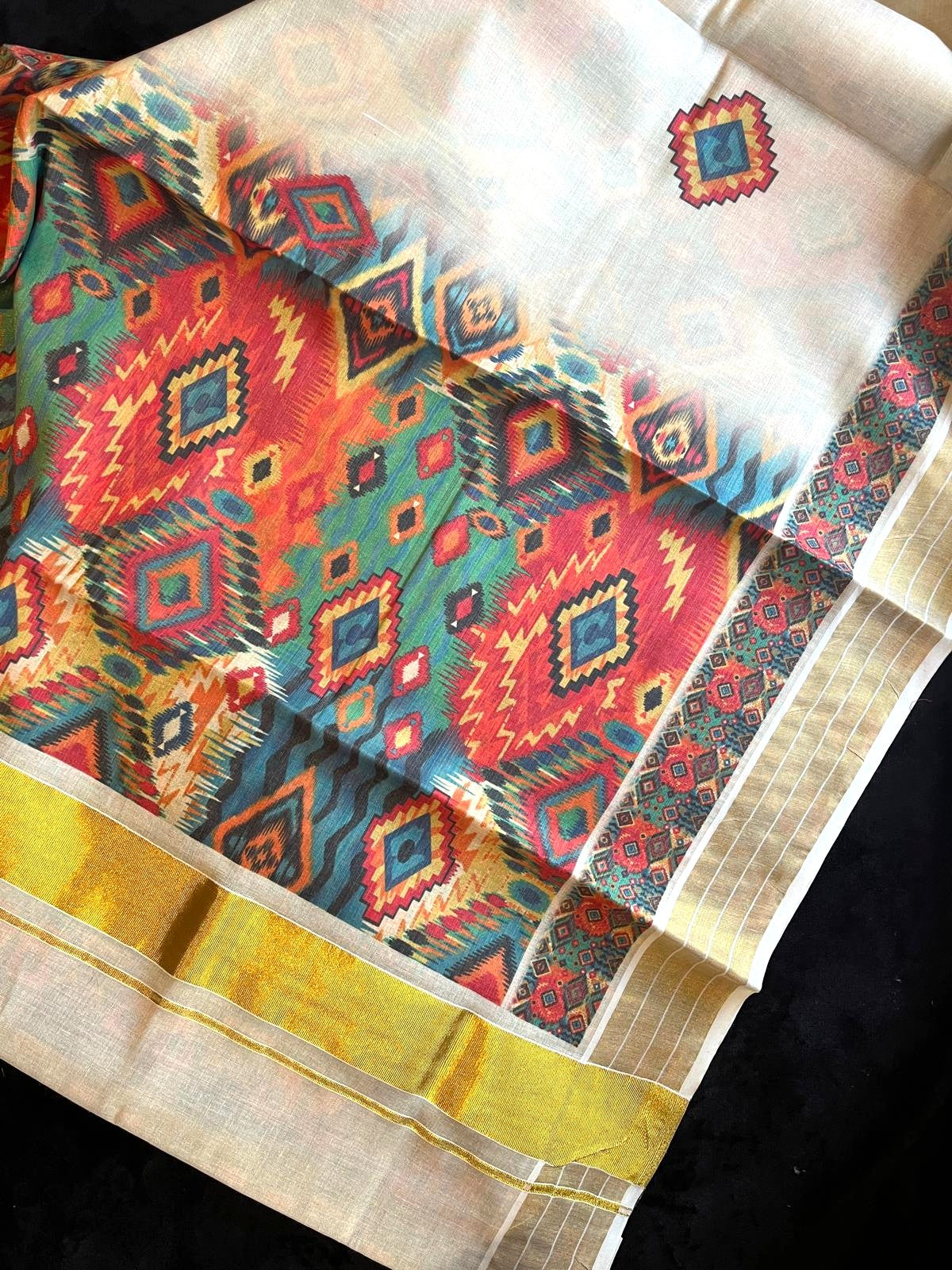 Saree - Gold Kasavu with Multicolour Digital Prints